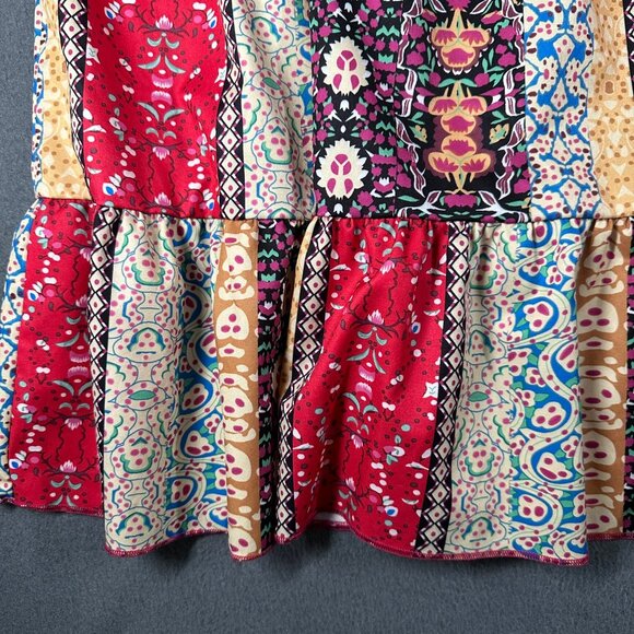 Bohemian L Multicolor Sleeveless V-Neck Dress Tiered Hem Polyester Lightweight - Picture 3 of 7